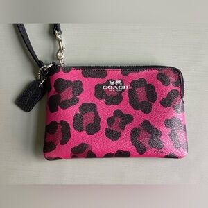Coach Ocelot Print Corner Zip Canvas Leather Wristlet Bag